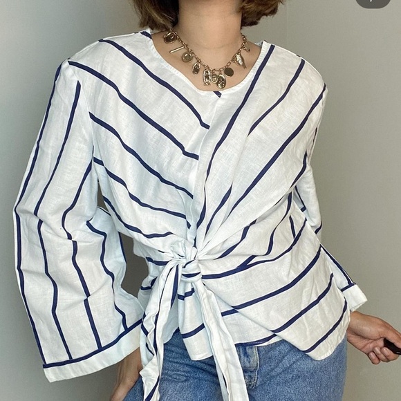 Zara Tops - Zara Basic cotton linen nautical stripe faux wrap oversized top / blouse size Sm